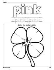 Free St. Patrick's Day shamrock color pink coloring page and color worksheet, pink worksheet for preschoolers to learn colors, printable PDF