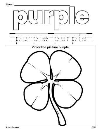 Free St. Patrick's Day shamrock color purple coloring page and color worksheet, purple worksheet for preschoolers to learn colors, printable PDF