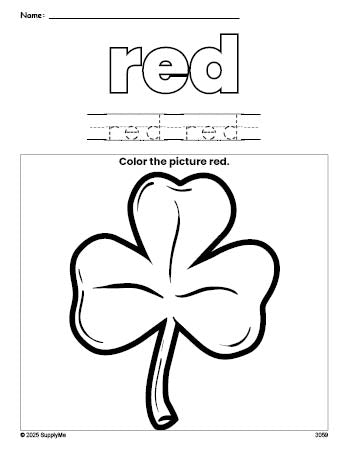 Free St. Patrick's Day shamrock color red coloring page and color worksheet, red worksheet for preschoolers to learn colors, printable PDF