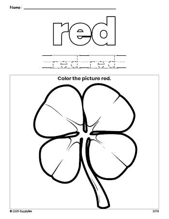 Free St. Patrick's Day shamrock color red coloring page and color worksheet, red worksheet for preschoolers to learn colors, printable PDF