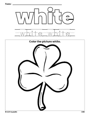 Free St. Patrick's Day shamrock color white coloring page and color worksheet, white worksheet for preschoolers to learn colors, printable PDF