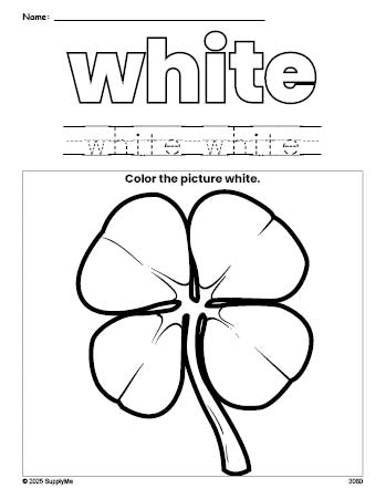 Free St. Patrick's Day shamrock color white coloring page and color worksheet, white worksheet for preschoolers to learn colors, printable PDF