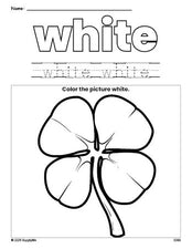 Free St. Patrick's Day shamrock color white coloring page and color worksheet, white worksheet for preschoolers to learn colors, printable PDF