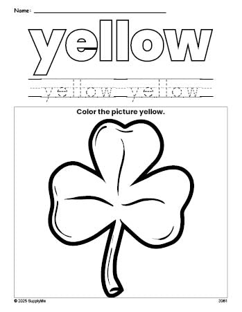 Free St. Patrick's Day shamrock color yellow coloring page and color worksheet, yellow worksheet for preschoolers to learn colors, printable PDF