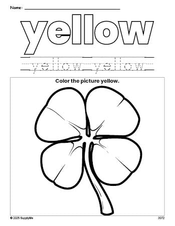 Free St. Patrick's Day shamrock color yellow coloring page and color worksheet, yellow worksheet for preschoolers to learn colors, printable PDF