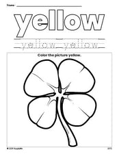 Free St. Patrick's Day shamrock color yellow coloring page and color worksheet, yellow worksheet for preschoolers to learn colors, printable PDF