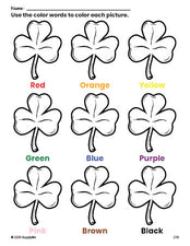 Free St. Patrick's Day shamrock coloring page and color worksheet for preschoolers to learn colors, printable PDF