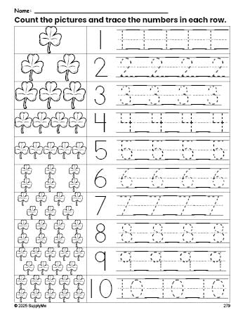 Free printable St. Patrick's Day shamrock counting worksheet for preschool and pre-k with number tracing practice 1-10, PDF