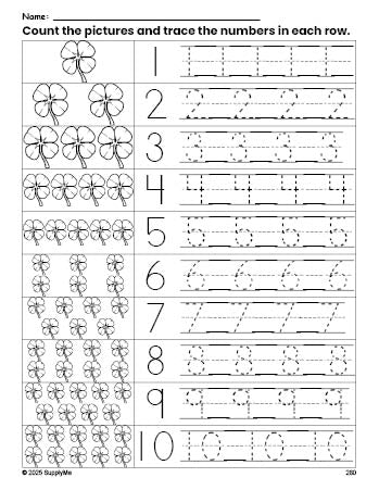 Free printable St. Patrick's Day shamrock counting worksheet for preschool and pre-k with number tracing practice 1-10, PDF