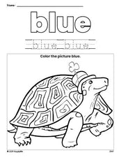 Free St. Patrick's Day turtle color blue coloring page and color worksheet, blue worksheet for preschoolers to learn colors, printable PDF