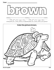 Free St. Patrick's Day turtle color brown coloring page and color worksheet, brown worksheet for preschoolers to learn colors, printable PDF