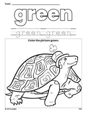 Free St. Patrick's Day turtle color green coloring page and color worksheet, green worksheet for preschoolers to learn colors, printable PDF