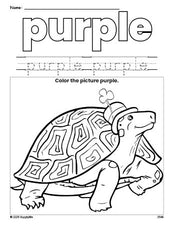 Free St. Patrick's Day turtle color purple coloring page and color worksheet, purple worksheet for preschoolers to learn colors, printable PDF