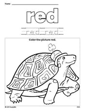 Free St. Patrick's Day turtle color red coloring page and color worksheet, red worksheet for preschoolers to learn colors, printable PDF