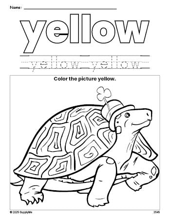 Free St. Patrick's Day turtle color yellow coloring page and color worksheet, yellow worksheet for preschoolers to learn colors, printable PDF