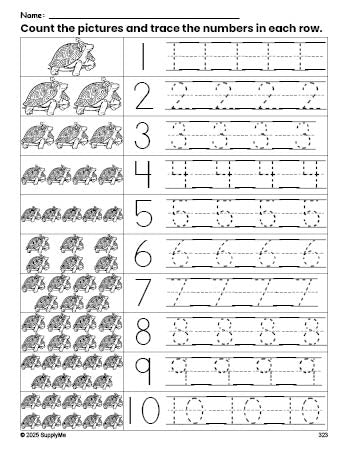 Free printable St. Patrick's Day turtle counting worksheet for preschool and pre-k with number tracing practice 1-10, PDF