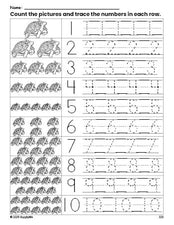 Free printable St. Patrick's Day turtle counting worksheet for preschool and pre-k with number tracing practice 1-10, PDF