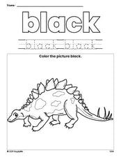 Free stegosaurus color black coloring page and color worksheet, black worksheet for preschoolers to learn colors, printable PDF