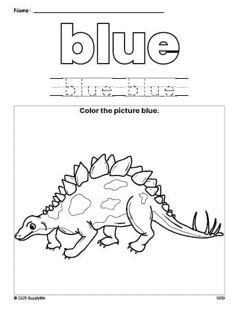 Free stegosaurus color blue coloring page and color worksheet, blue worksheet for preschoolers to learn colors, printable PDF