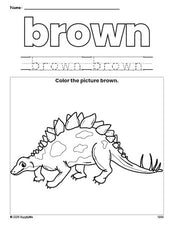 Free stegosaurus color brown coloring page and color worksheet, brown worksheet for preschoolers to learn colors, printable PDF