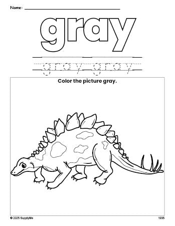 Free stegosaurus color gray coloring page and color worksheet, gray worksheet for preschoolers to learn colors, printable PDF