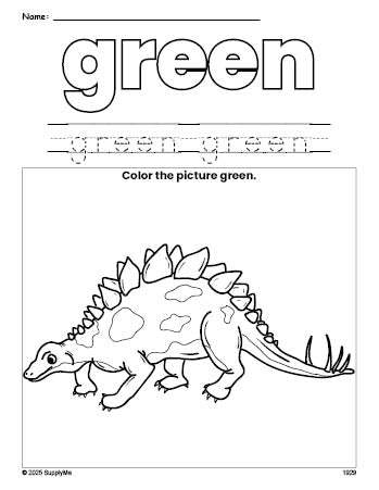 Free stegosaurus color green coloring page and color worksheet, green worksheet for preschoolers to learn colors, printable PDF