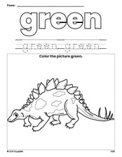 Free stegosaurus color green coloring page and color worksheet, green worksheet for preschoolers to learn colors, printable PDF