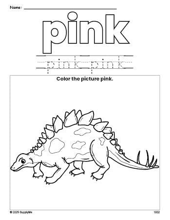 Free stegosaurus color pink coloring page and color worksheet, pink worksheet for preschoolers to learn colors, printable PDF