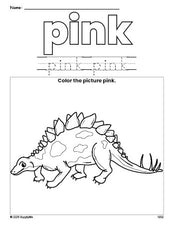 Free stegosaurus color pink coloring page and color worksheet, pink worksheet for preschoolers to learn colors, printable PDF