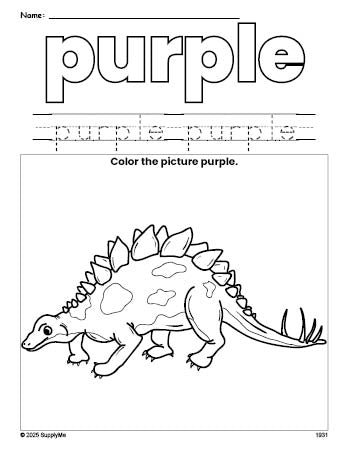 Free stegosaurus color purple coloring page and color worksheet, purple worksheet for preschoolers to learn colors, printable PDF