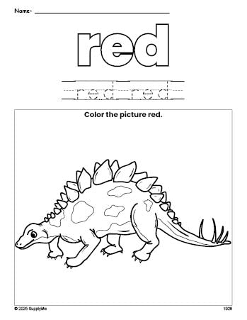 Free stegosaurus color red coloring page and color worksheet, red worksheet for preschoolers to learn colors, printable PDF