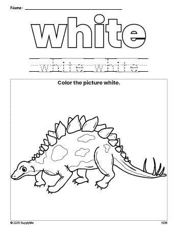 Free stegosaurus color white coloring page and color worksheet, white worksheet for preschoolers to learn colors, printable PDF