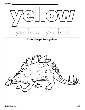 Free stegosaurus color yellow coloring page and color worksheet, yellow worksheet for preschoolers to learn colors, printable PDF