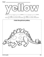 Free stegosaurus color yellow coloring page and color worksheet, yellow worksheet for preschoolers to learn colors, printable PDF