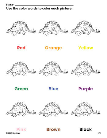 Free stegosaurus coloring page and color worksheet for preschoolers to learn colors, printable PDF