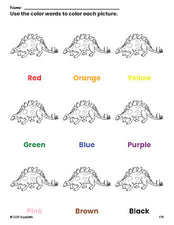 Free stegosaurus coloring page and color worksheet for preschoolers to learn colors, printable PDF