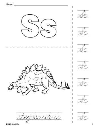 Free printable stegosaurus coloring page and cursive letter tracing worksheet, letter s worksheet for preschool, pre-k, and kindergarten, PDF