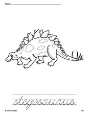 Free printable stegosaurus coloring page and cursive word tracing worksheet, perfect for preschool, pre-k, and kindergarten, PDF