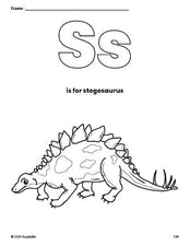 Free printable stegosaurus coloring page, letter s coloring page for preschool, pre-k, and kindergarten, PDF