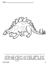 Free printable stegosaurus coloring page and word tracing worksheet, letter formation guides, perfect for preschool, pre-k, and kindergarten, PDF