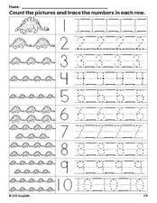 Free printable stegosaurus counting worksheet for preschool and pre-k with number tracing practice 1-10, PDF