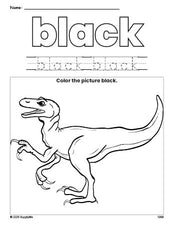 Free t-rex color black coloring page and color worksheet, black worksheet for preschoolers to learn colors, printable PDF