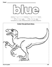 Free t-rex color blue coloring page and color worksheet, blue worksheet for preschoolers to learn colors, printable PDF