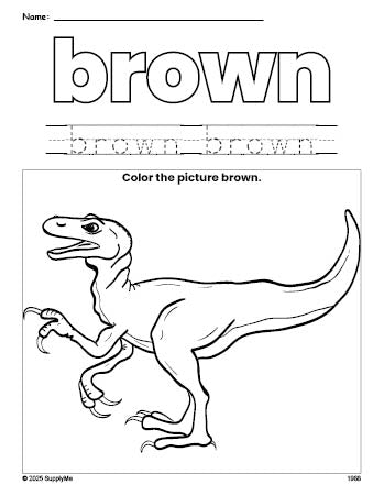 Free t-rex color brown coloring page and color worksheet, brown worksheet for preschoolers to learn colors, printable PDF