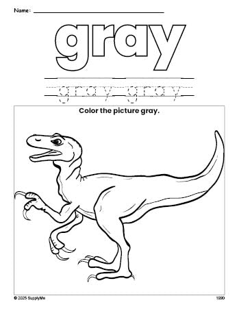 Free t-rex color gray coloring page and color worksheet, gray worksheet for preschoolers to learn colors, printable PDF