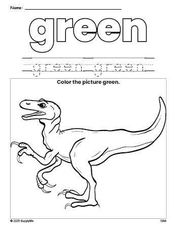 Free t-rex color green coloring page and color worksheet, green worksheet for preschoolers to learn colors, printable PDF