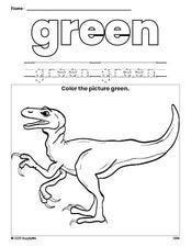 Free t-rex color green coloring page and color worksheet, green worksheet for preschoolers to learn colors, printable PDF