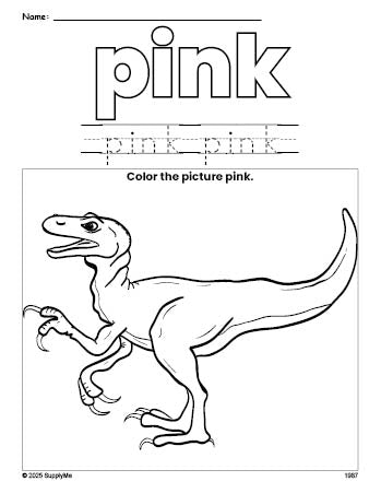 Free t-rex color pink coloring page and color worksheet, pink worksheet for preschoolers to learn colors, printable PDF