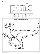 Free t-rex color pink coloring page and color worksheet, pink worksheet for preschoolers to learn colors, printable PDF