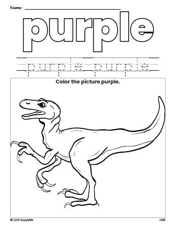 Free t-rex color purple coloring page and color worksheet, purple worksheet for preschoolers to learn colors, printable PDF